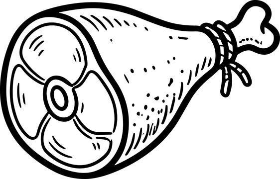 Hand-drawn illustration of a raw ham leg with bone and twine, isolated on white.