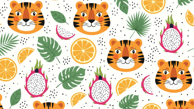 Tropical seamless pattern with tiger faces dragon fruit and orange slices for summer fashion and exotic decor.