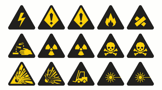 Collection of triangular warning signs indicating various hazards including electricity, general danger, fire, radiation, toxic substances, explosions, and lasers.