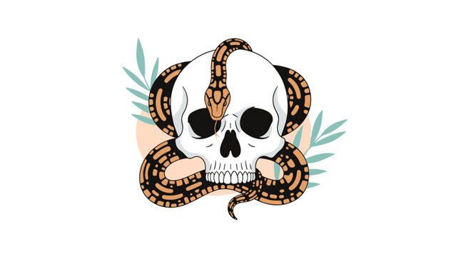 Edgy skull and snake illustration with tropical leaves representing mortality and rebirth for tattoo and street art designs.