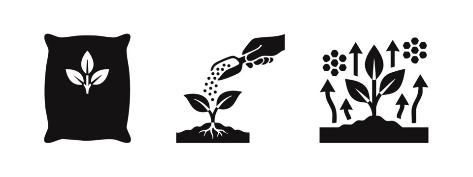 Black Silhouette Icons: Fertilizing and Plant Growth