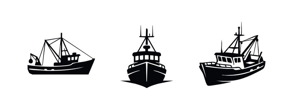 Black Silhouette Icons: Fishing Boats
