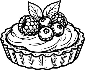 Hand-drawn illustration of a delicious berry tart with cream and mint leaves © Kasut