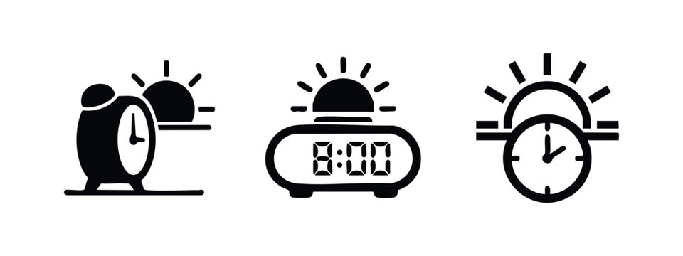 Alarm clock and sunrise icons for morning