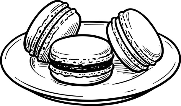Hand-drawn illustration of three macarons on a plate, black and white sketch