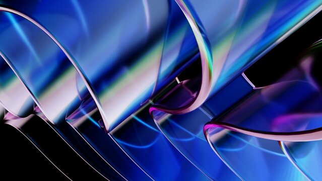 Smooth, curved lines of iridescent glass on elegant minimalist black background