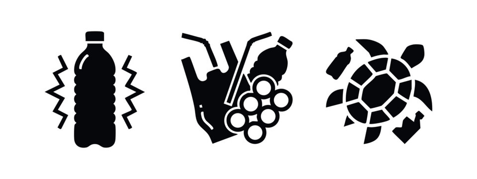 Ocean Plastic Pollution Icons: Plastic Bottle, Bags, Six Pack Rings, and Turtle