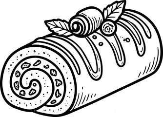 Hand-drawn Swiss Roll Cake with Chocolate Drizzle and Mint Leaves © zoro0