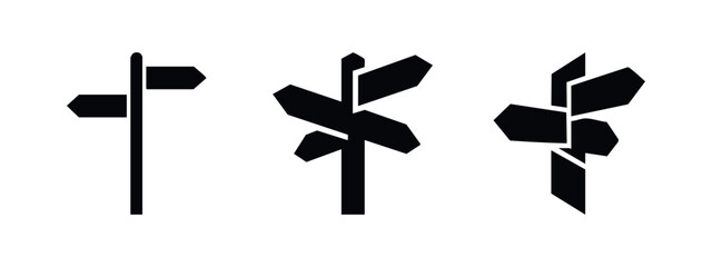 Three black silhouette signpost icons with multiple directional arrows on a white background © Lili