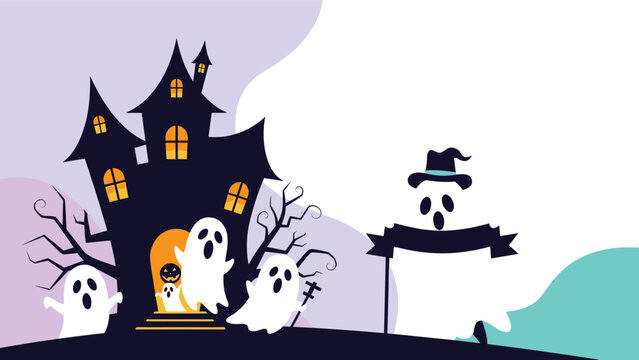 Spooky dark haunted house with yellow windows surrounded by white flying ghosts and creepy dead trees on a purple.