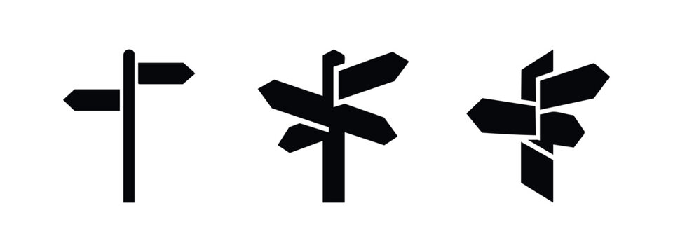 Three black silhouette signpost icons with multiple directional arrows on a white background