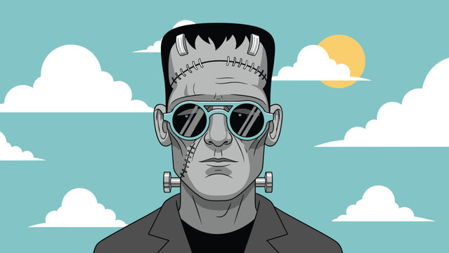 Pixel art illustration of the legendary Frankenstein monster wearing trendy round sunglasses against a light blue sky with white fluffy clouds.