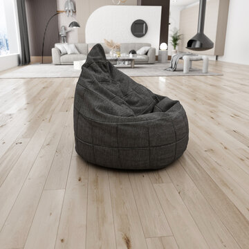 Close-up 3D render of a grey fabric bean bag chair on light wooden parquet floor, minimalist living room background.