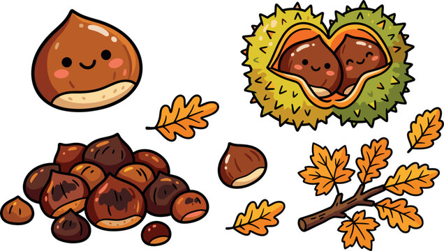 Cute Chestnut Cartoon Sticker Set Featuring Kawaii Autumn Conker Characters Open Spiky Shell Heap of Nuts and Oak Leaves Branch