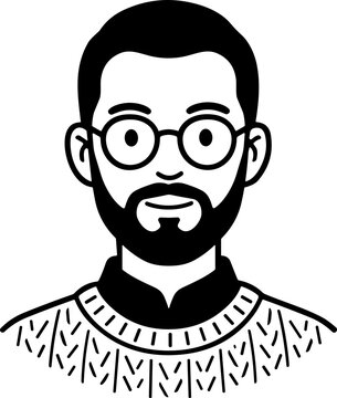 Man with Beard and Glasses, Wearing Knitted Sweater, Cartoon Style
