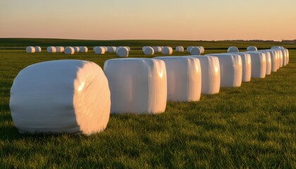 Obraz premium White silage bales in a farm field at sunset, representing modern agricultural practices and animal feed storage for the dairy farms industry concept