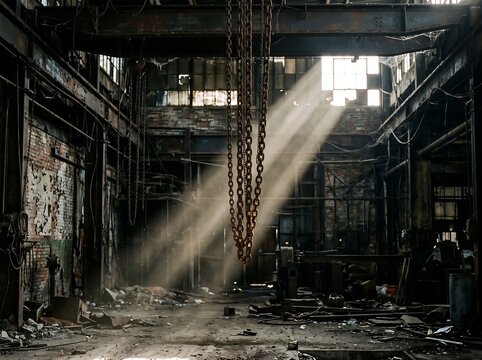 Abandoned industrial building interior with broken windows and rusty chains hanging
