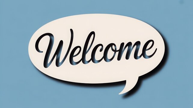 Welcome speech bubble with script font on blue background