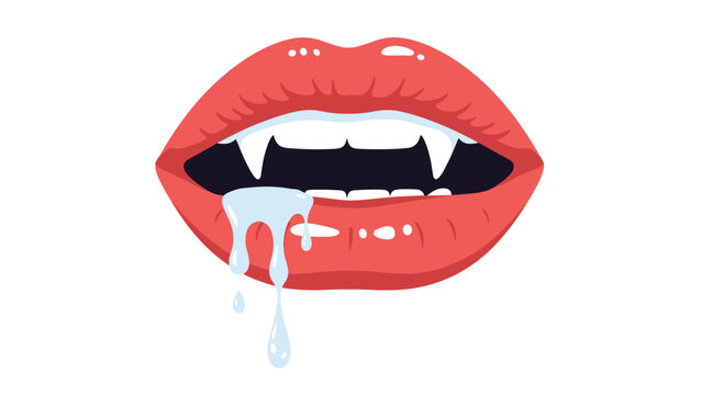 Close up illustration of bright red vampire lips with sharp white fangs and blue drool dripping down on a white background.