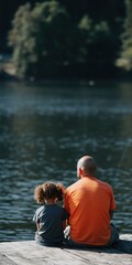 Obraz premium Man and child sitting together on wooden dock by lake