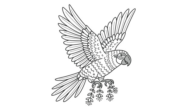 Detailed black and white line art of a parrot in flight carrying a small branch with flowers in its talons for coloring or design.