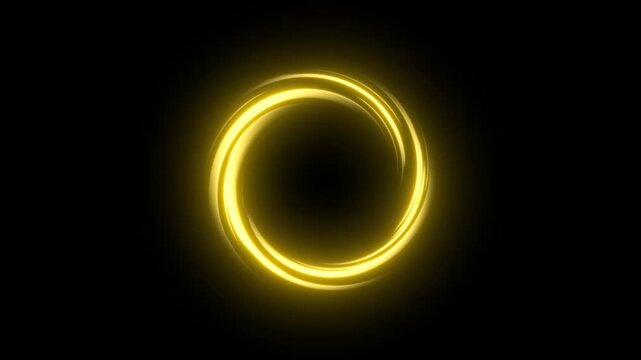 Neon gold plasma energy vortex spinning in superfast circular motion on dark background. Bright yellow magic aura ring light effect overlay with powerful astral gateway.