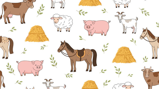 Charming seamless pattern for children featuring farm animals like cows, pigs, horses, sheep, and goats among haystacks and leaves.