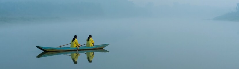 Two figures wearing yellow jackets rowing on misty lake