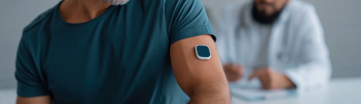 Man wearing black sensor patch while seated in medical clinic visit