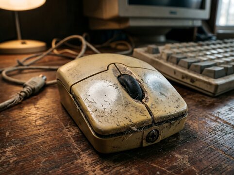 Old dirty computer mouse on wooden desk with keyboard and monitor