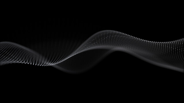 White fluid transparent wave. White digital waveform of dots on an isolated black background. Gray liquid wavy surface 3D illustration. Dots form a wave. Wave of particles on a monochrome background.
