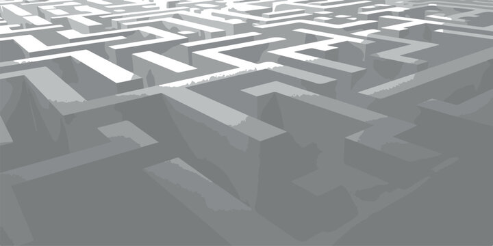 A 3D render illustration of an abstract maze background showing a complex labyrinth in a labyrinth pattern, symbolizing a business strategy puzzle to find the success path and solution to a confusion 