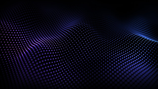 Glowing particle wave deep dark background. Purple violet luminous dots form flowing surface. Blue indigo digital mesh oscillates softly. Abstract cyber. Shimmering light. Futuristic UHD illustration.