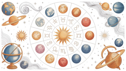 Colorful collection of planets, moons, and space objects connected with lines in a cosmic design Vector © AZIFA