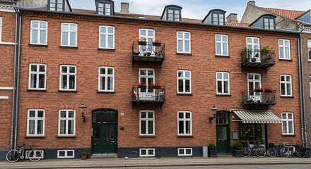 Fototapeta premium Historic European Apartment Building with Balconies and Brick Facade.