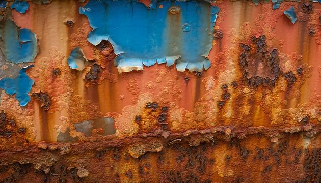 High quality texture of a weathered rusted ship hull featuring deep textures and dramatic layers of peeling orange and blue paint , showcasing industrial decay , maritime history , and abstract backgr