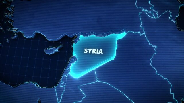 Digital 3D map animation of Syria with bright neon blue pulsating highlight and glowing borders, ideal for geopolitical news broadcasts or international relations documentaries.