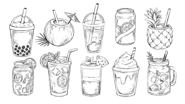 Hand drawn summer drinks sketch set: Bubble tea, coconut, lemonade, smoothie and cocktail illustrations.
A high-quality collection of hand-drawn summer beverage illustrations in black and white sketch