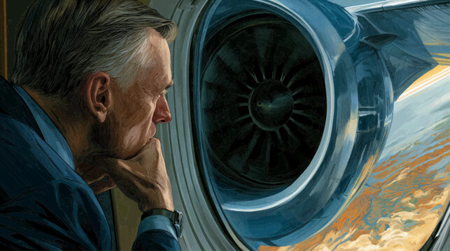 Man in suit looking out airplane window at engine and clouds below