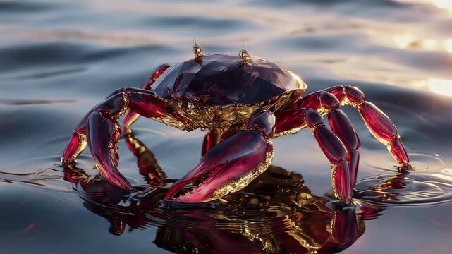 Glassy Liquid Geometric Abstract Crab Formed by Ruby and Gold Fluid