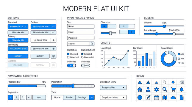 Modern Flat UI Kit Design Elements: Buttons, Forms, Charts, Navigation, Icons