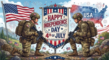Fototapeta premium Patriotic 4th of july illustration with soldiers and american flag