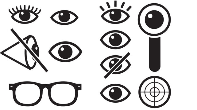 Eye Icons, Eyelashes and Magnifying Lens Symbols with Geometric Iris and Target Shapes on White Background
