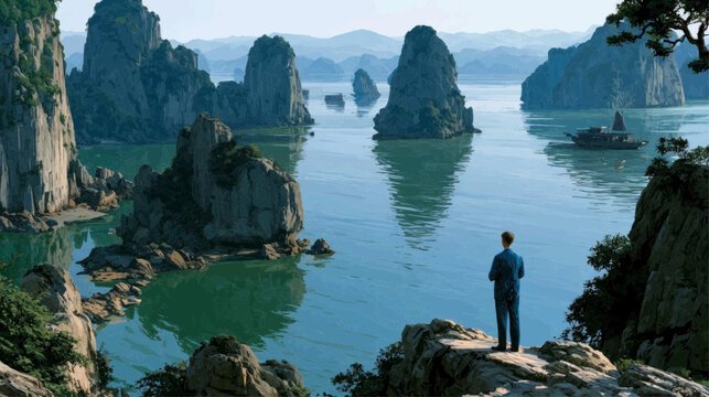 Man gazes at majestic limestone karsts in a serene bay with a traditional boat