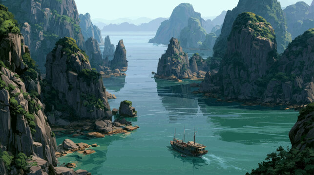 Serene boat journey through majestic limestone karsts and emerald waters