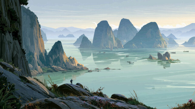 Serene seascape with limestone karsts and a lone figure contemplating the view