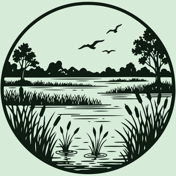 Circular Frame Wetland Scene with Birds Nature Hand Drawn Vector Illustration Art Graphic Design
