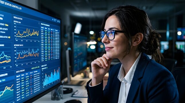 Professional female analyst monitoring real-time financial data charts on a large computer screen in a dark office.