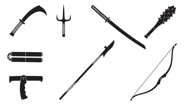 Swords and Tools Icon Set with Curved Bow, Spears, Hatchet, Dagger, and Crossguard Designs on Plain Background