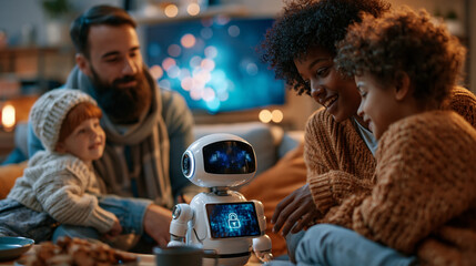 Fototapeta premium Family discussing home privacy settings with humanoid robot while a glowing digital privacy icon appears on smart home screen in a modern living room